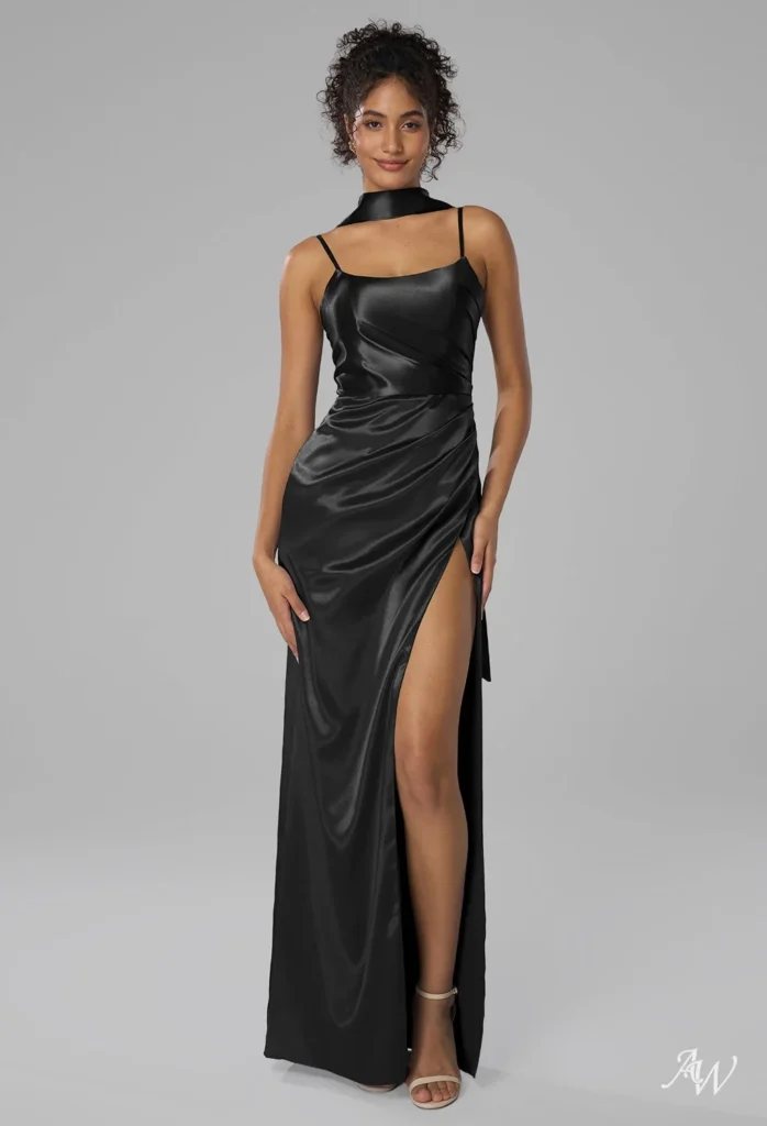Sleek Black Satin Gown with Asymmetric Neckline and High Slit