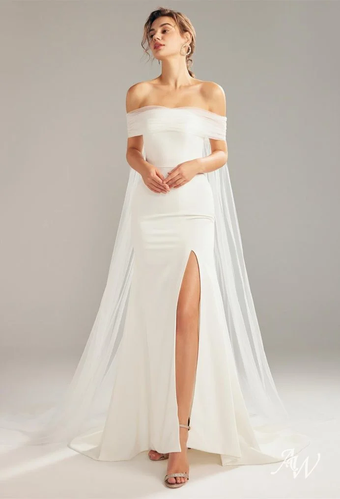 Sleek Off-Shoulder Gown with Dramatic Cape and Thigh-High Slit