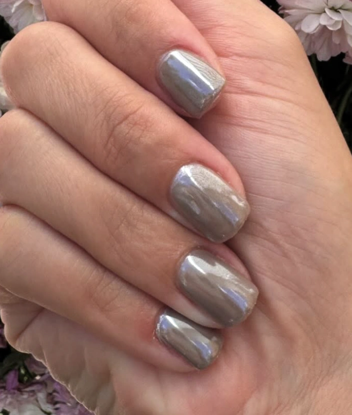 Sleek Square Chrome Fall Nails in Soft Taupe with a Reflective Finish