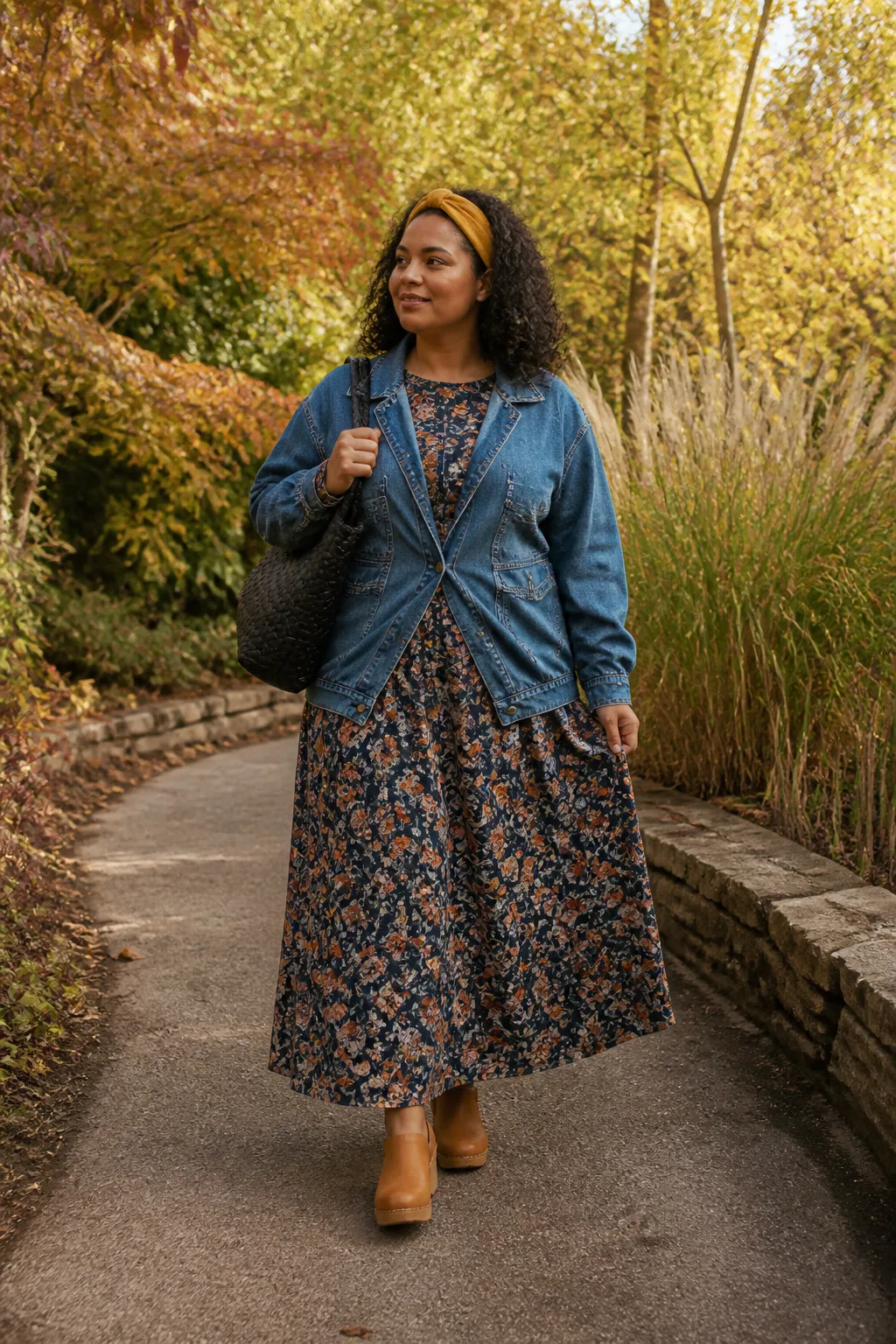 Slouchy Denim Jacket with a Printed Maxi Dress