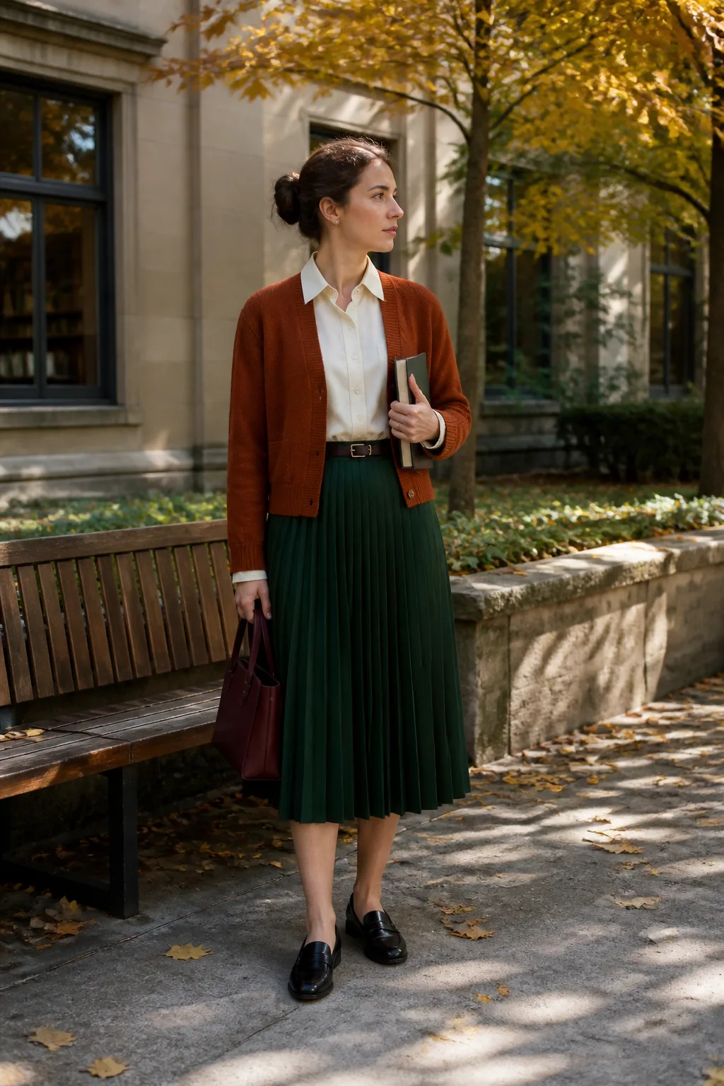 Slouchy Rust Cardigan with Pleated Midi Skirt