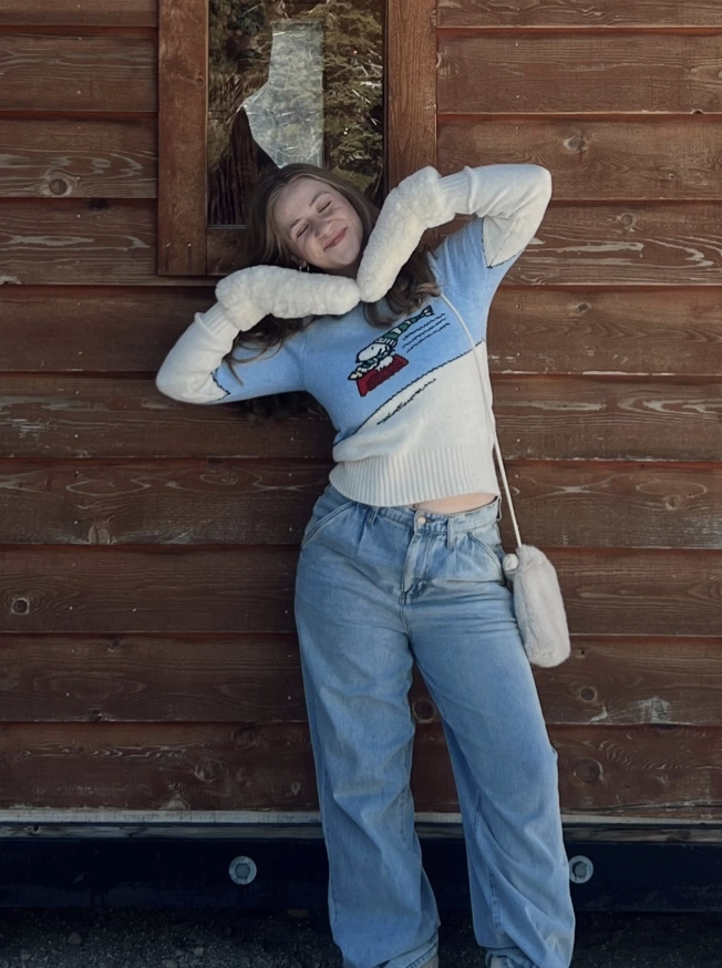 Snoopy Sweater + Wide-Leg Jeans + Fuzzy Mittens