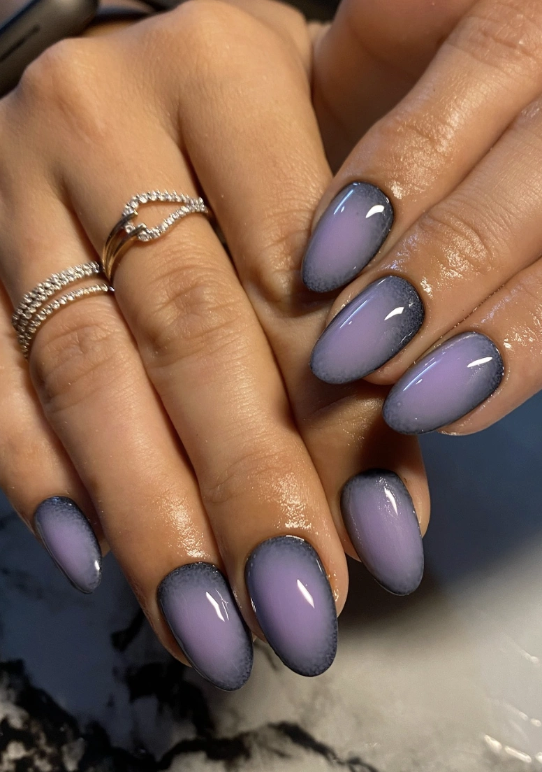 Soft Lavender Aura Nails with Smoky Charcoal Edges