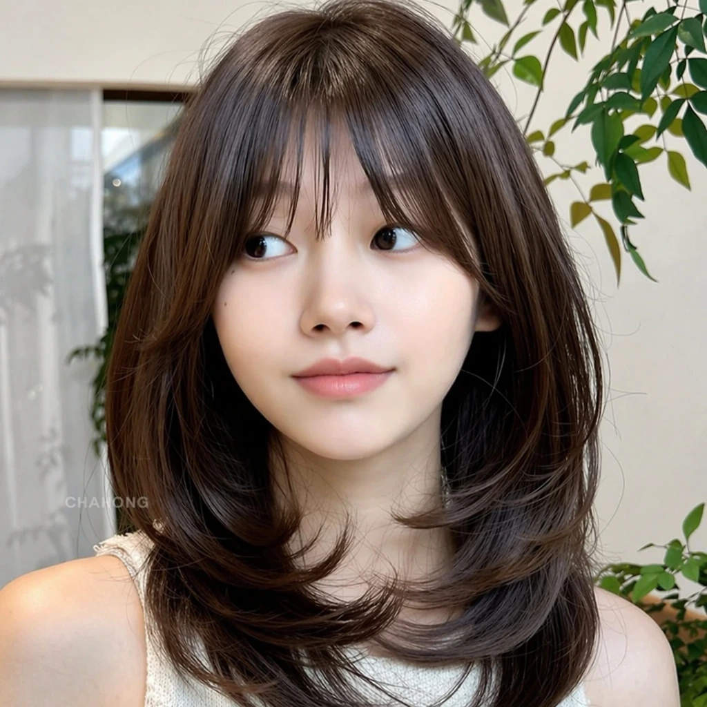 Soft Layered Blowout with Long Curtain Bangs for Medium Hair