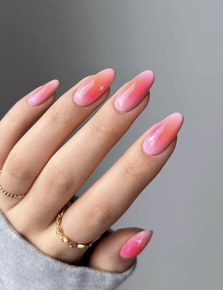 Soft Pink Ombre Almond Nails with Star Details