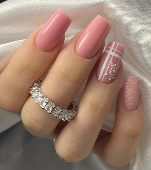 Soft Pink Square Nails with Winter Snowflake Design