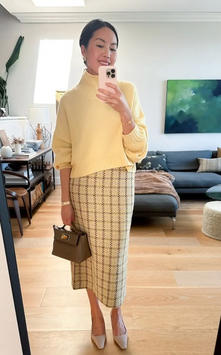 Soft Yellow Turtleneck Sweater + Checkered Midi Skirt + Pointed-Toe Pumps