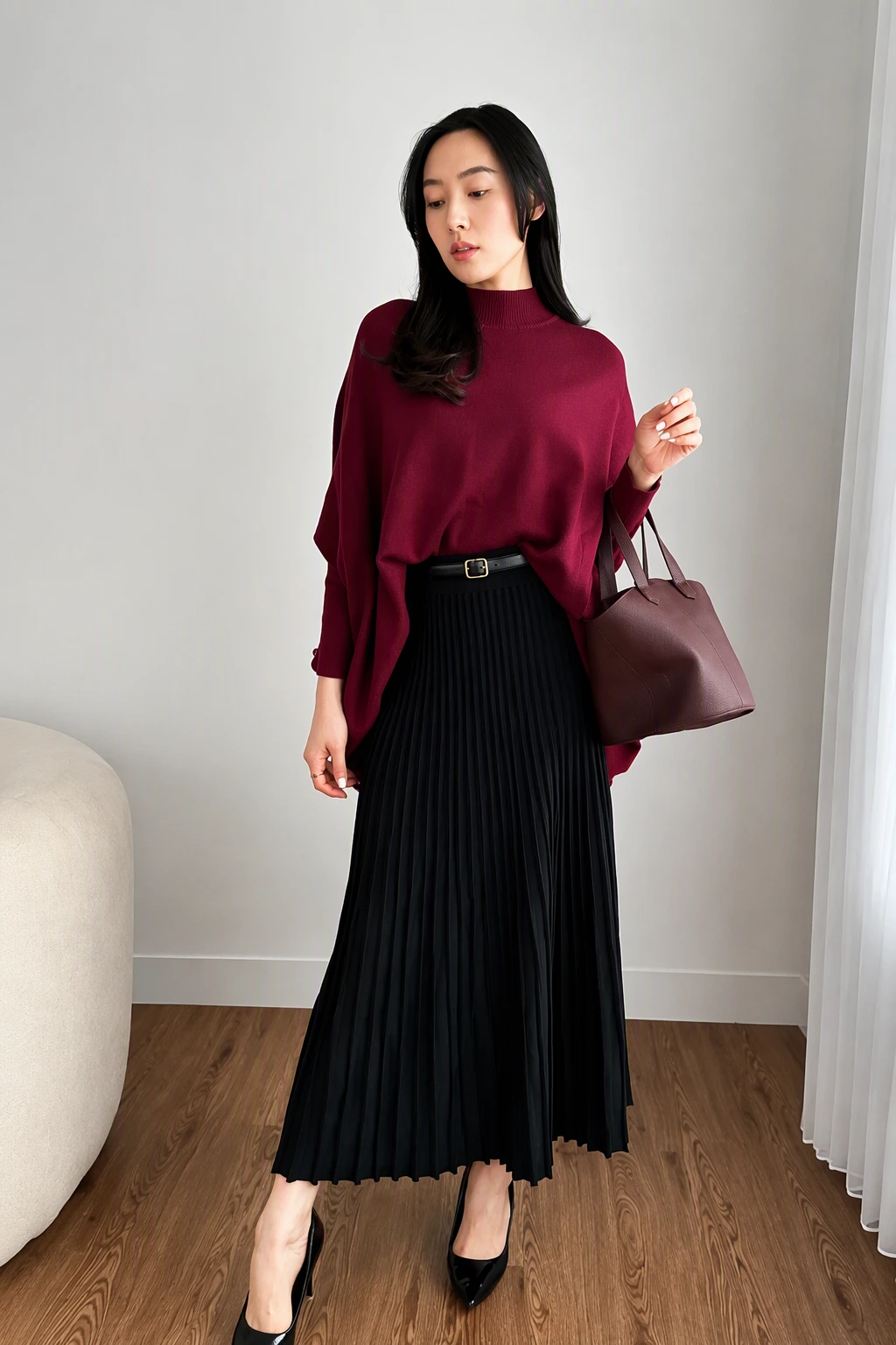 Sophisticated Simplicity: Burgundy Top + Pleated Skirt