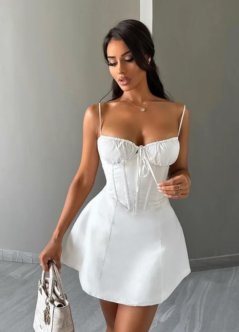 Spaghetti Strap Corset Mini White Dress