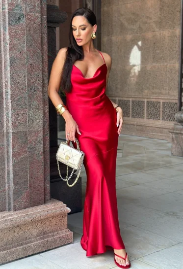 Spaghetti Strap Cowl Neck Satin Red Gown