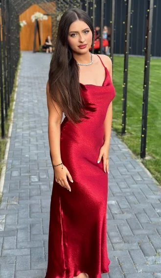 Spaghetti Strap Cowl Neck Silky Red Maxi Dress