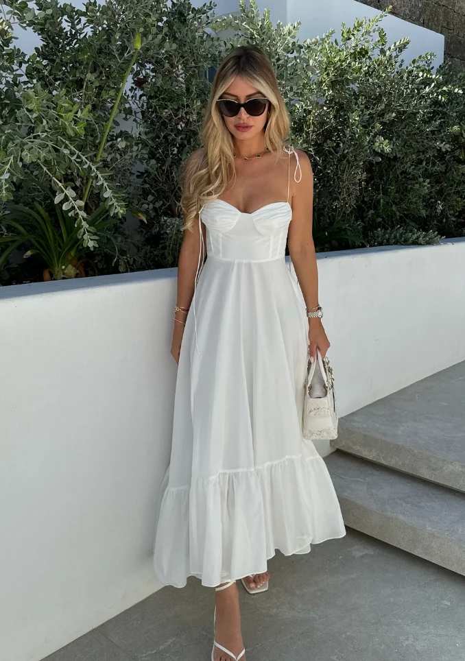 Spaghetti Strap Ruched Bust White Midi Dress Ruffled Hem