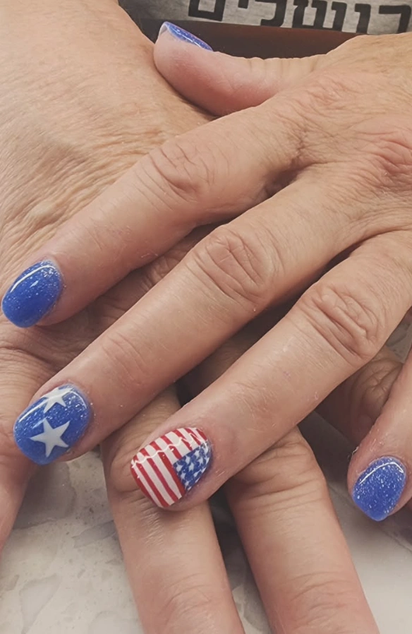 Sparkling Blue Oval July 4th Nails with Star and Flag Accents