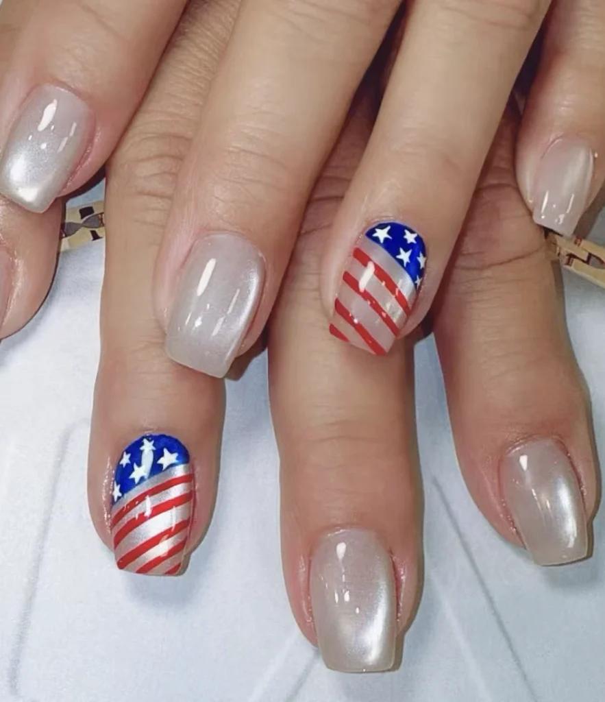 Sparkling Square July Nails Ideas with Patriotic American Flag Design