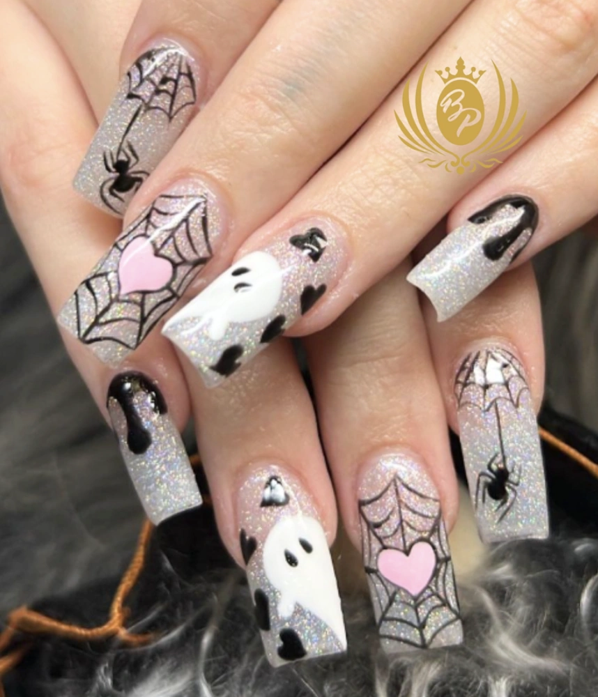Sparkly Square Nails with Halloween Ghosts, Hearts, and Spider Web Designs