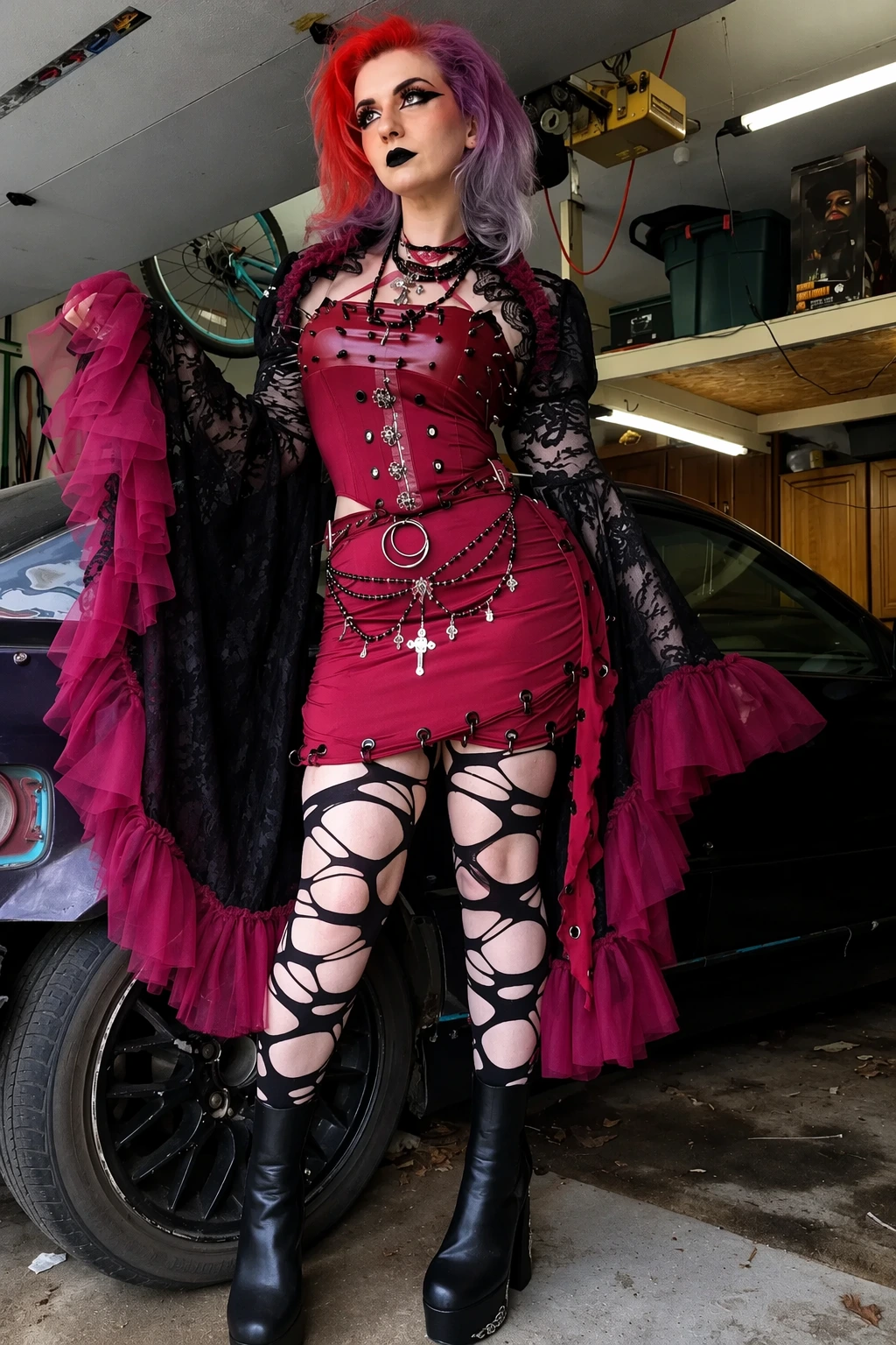 Spiked Crimson Corset & Chained Lace Cape