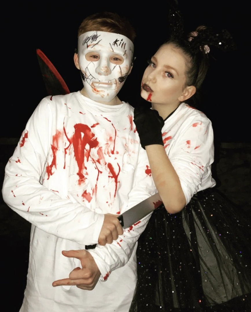 Spooky Bloodied White Shirts + Halloween Mask + Black Tulle Skirt + Black Gloves + Fake Knife