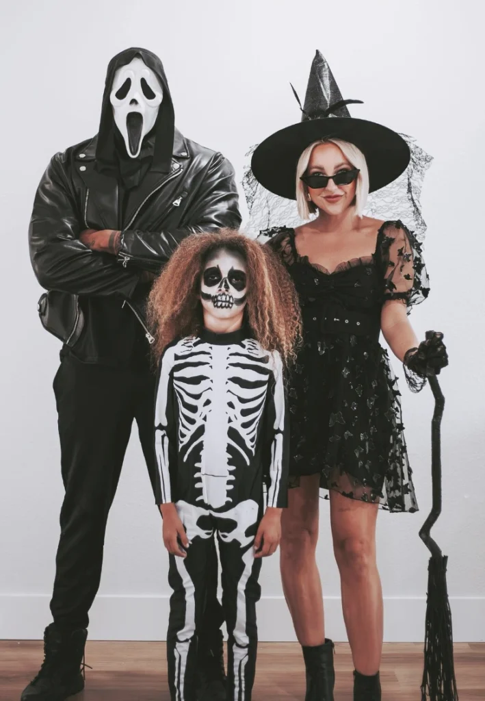 Spooky Ghost Mask + Black Leather Jacket + Skeleton Bodysuit + Witch Hat + Black Lace Dress