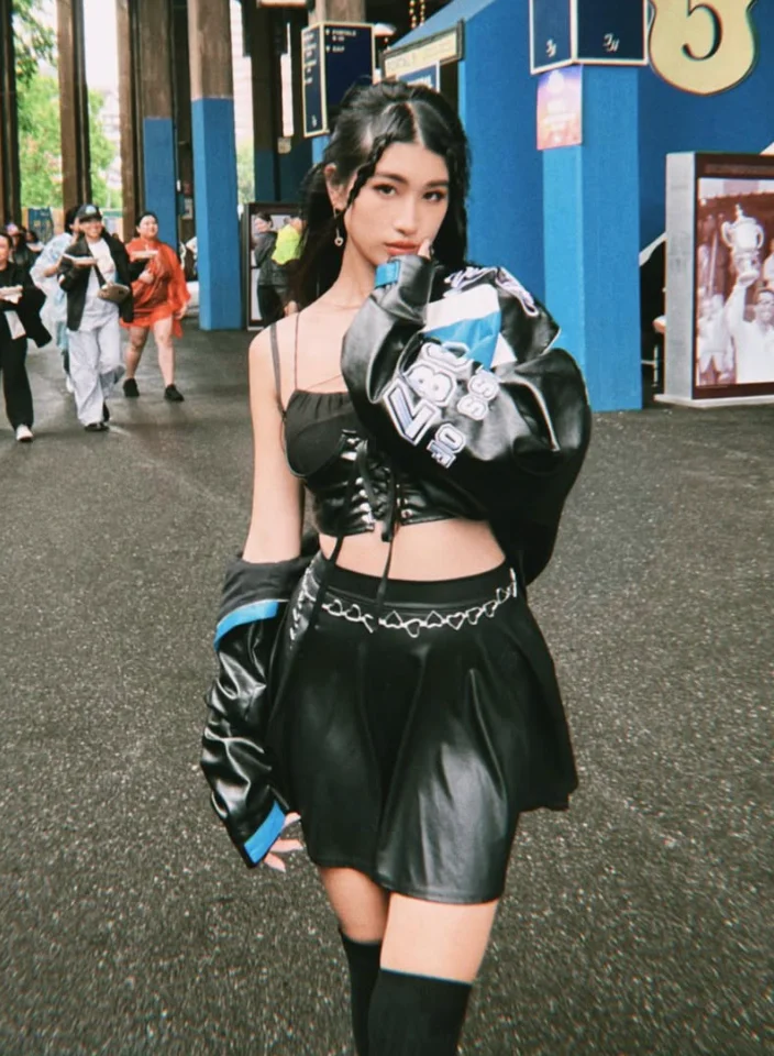 Sporty Edge: Black Crop Top + Leather Skirt