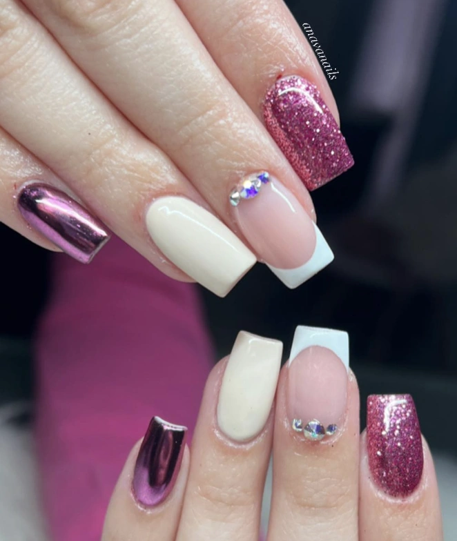Square Autumn Nails with Shimmering Burgundy, Soft Beige, and Dazzling Glitter Accents