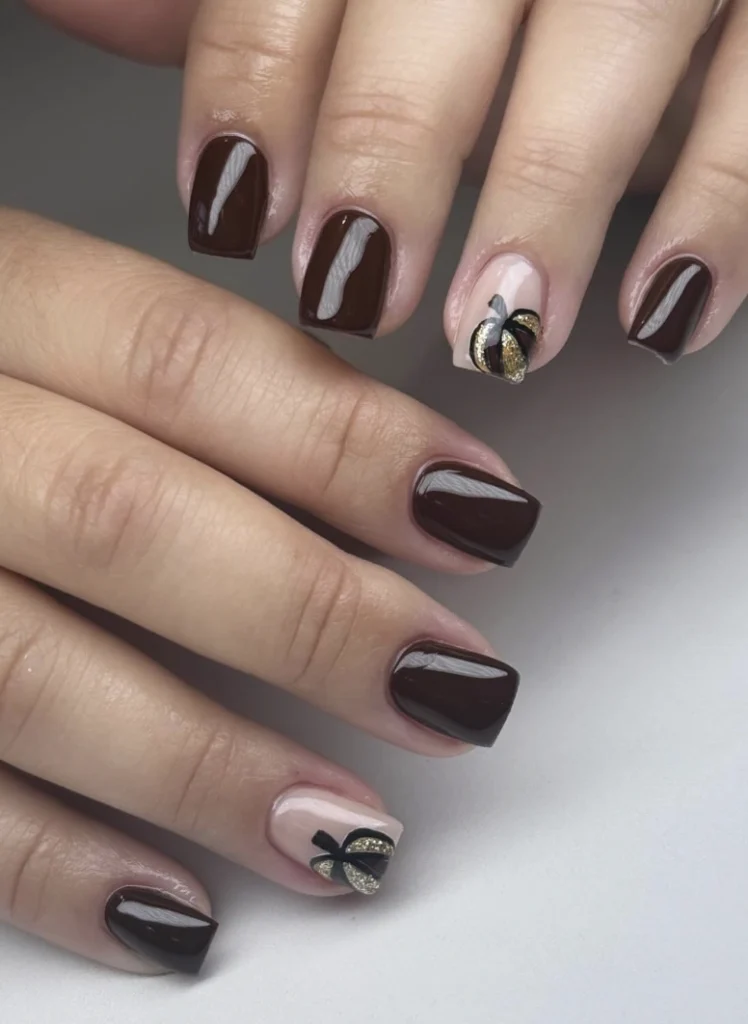 Square Fall Nails Trendy with Deep Chocolate Brown, Soft Nude, and Glittering Leaf Accents