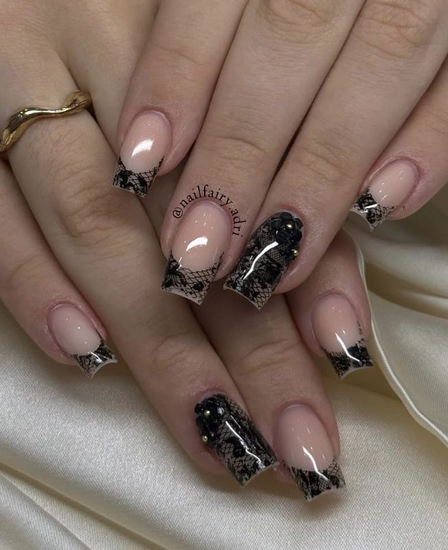 Square French Manicure with Black Lace and Floral Accents