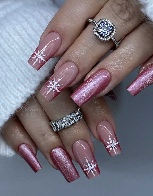 Square French Manicure with Snowflake Accents