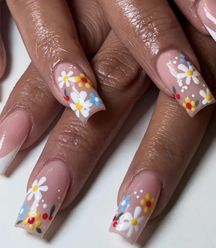 Square French Tip Nails with Hand-Painted Wildflower Design