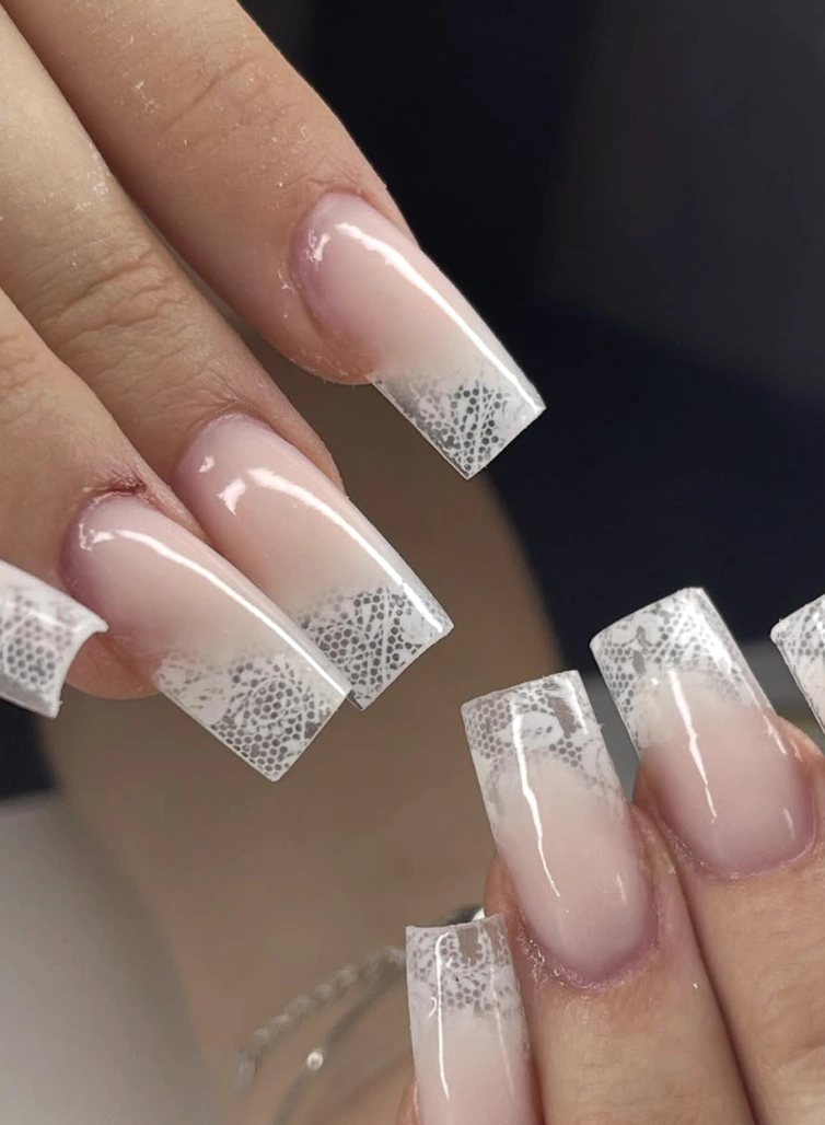 Square French Tip Nails with White Lace Design
