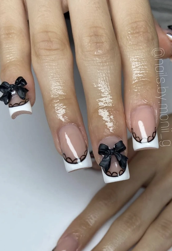 Square French Tips with 3D Bows and Scalloped Trim