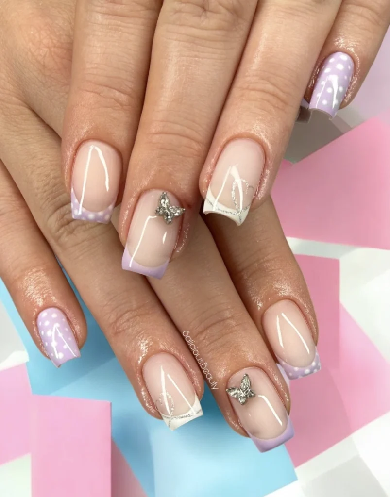 Square French Tips with Lilac Polka Dots and Butterfly Charms