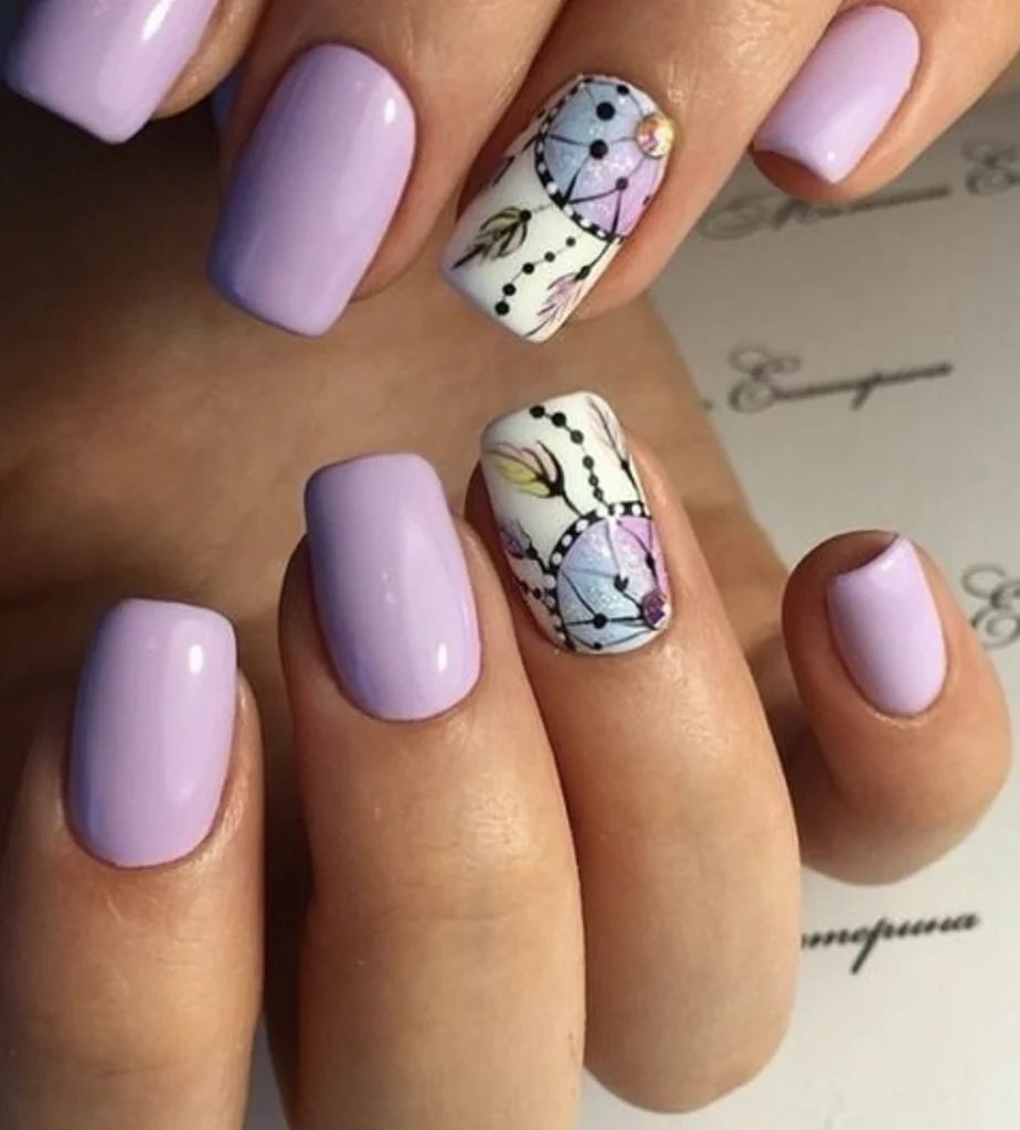 Square Lavender Nails with Floral Accent and Glossy Finish