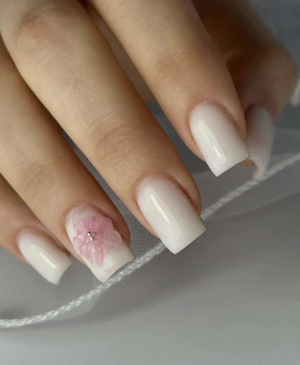 Square Milky Pastel Nails with Delicate Pink Floral Accents