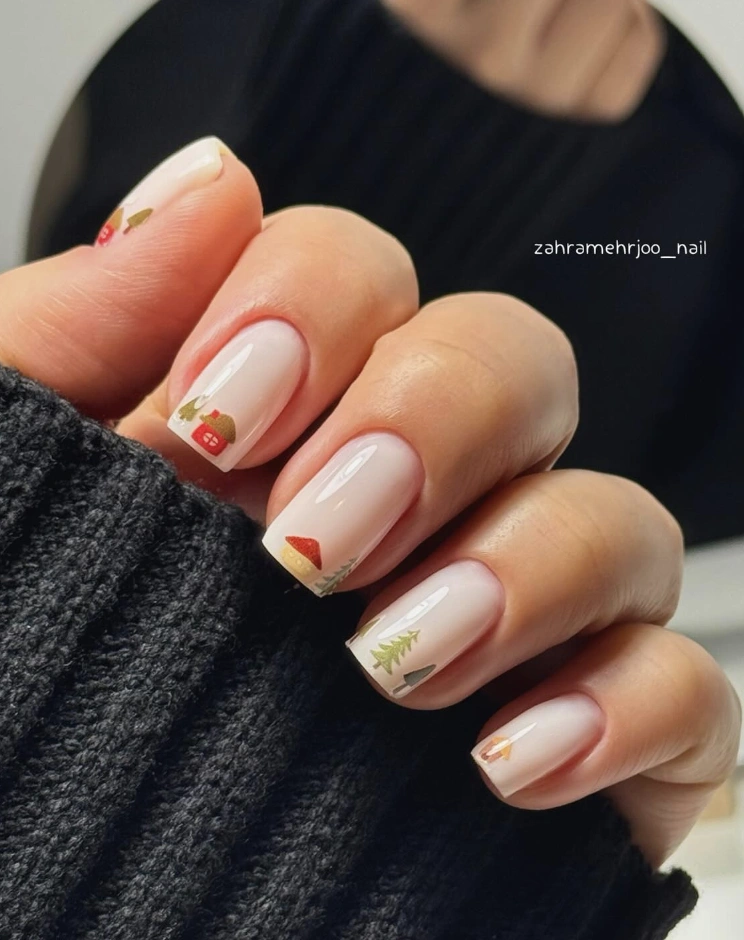 Square Nails in Milky White with Festive Hand-Painted Holiday Designs