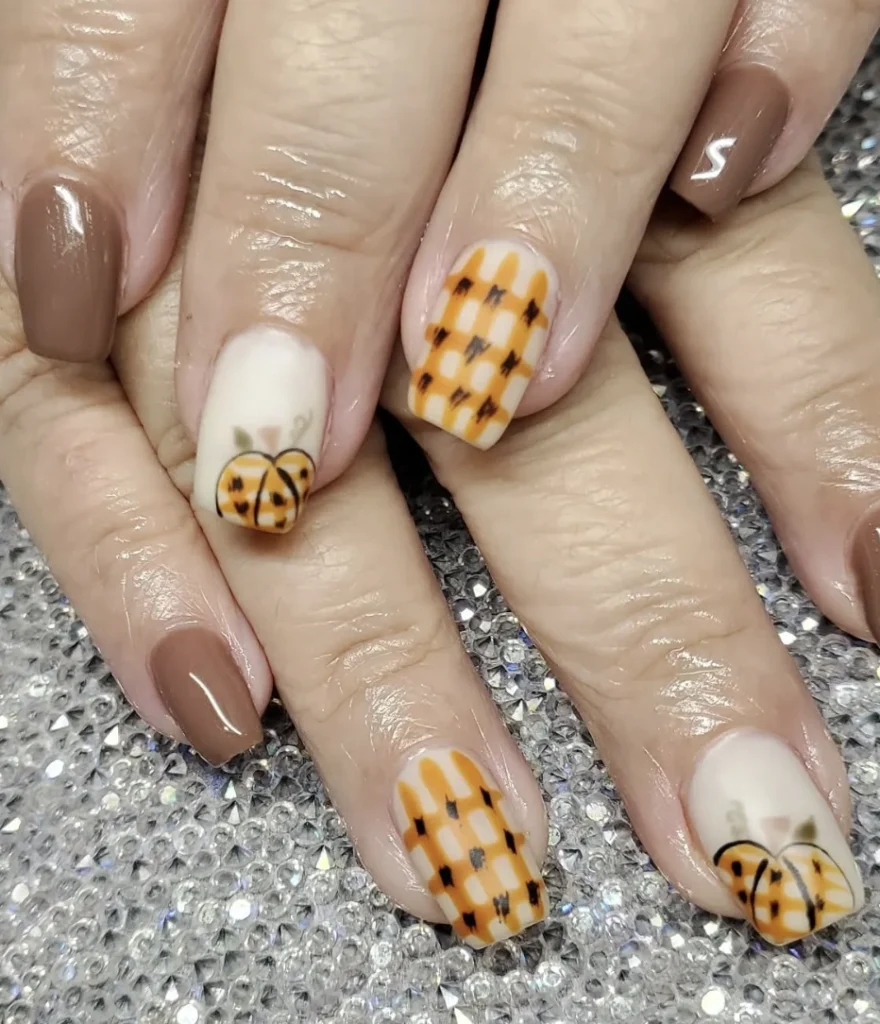 Square Nails with Pumpkin Spice Orange, Warm Brown, and Playful Plaid Patterns