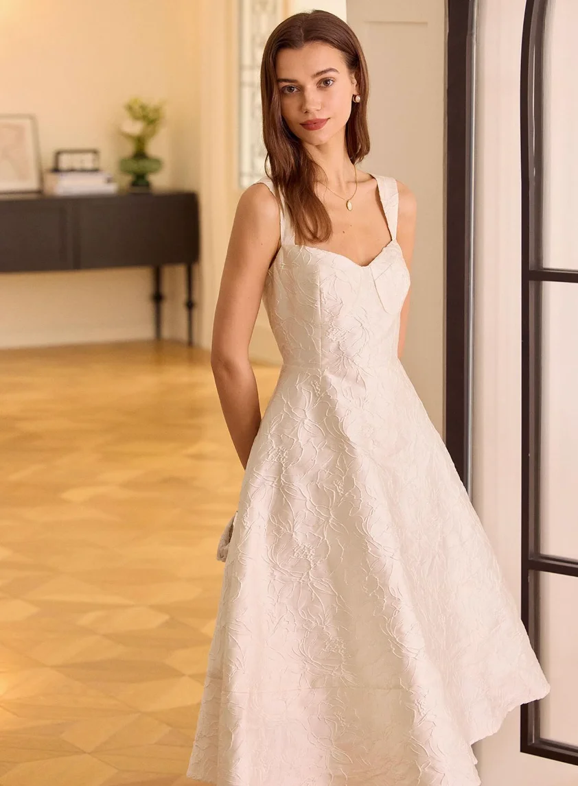 Square Neck Jacquard White Midi Dress