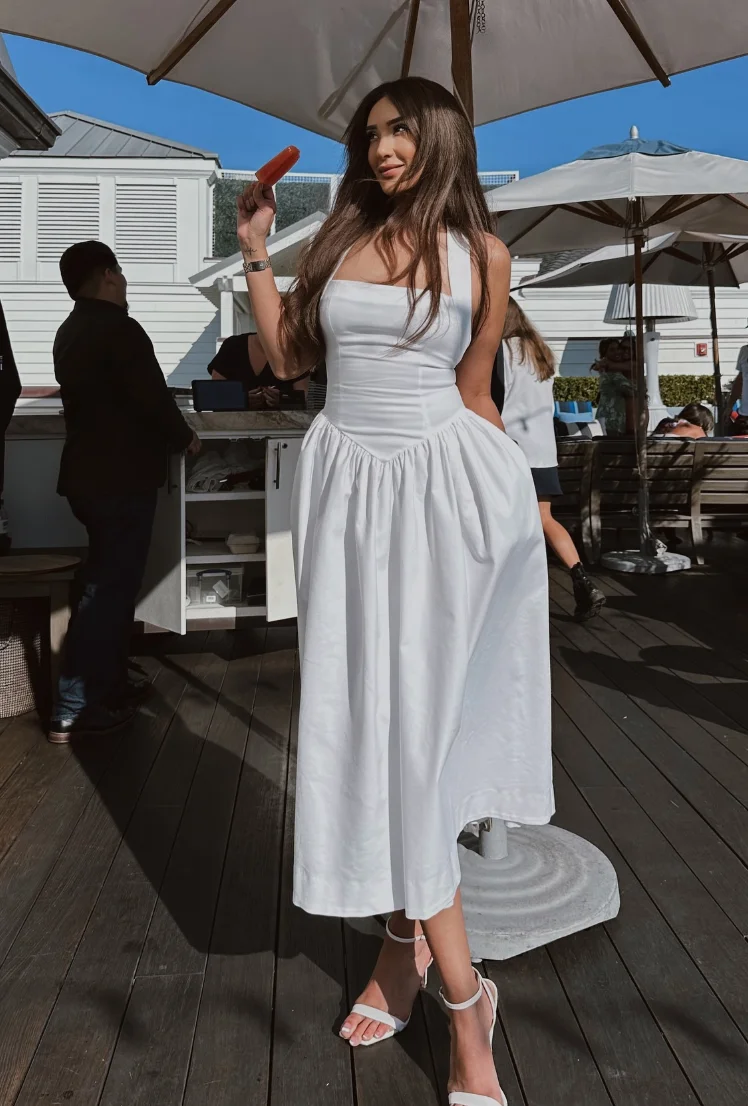Square Neck White Midi Dress and White Heels