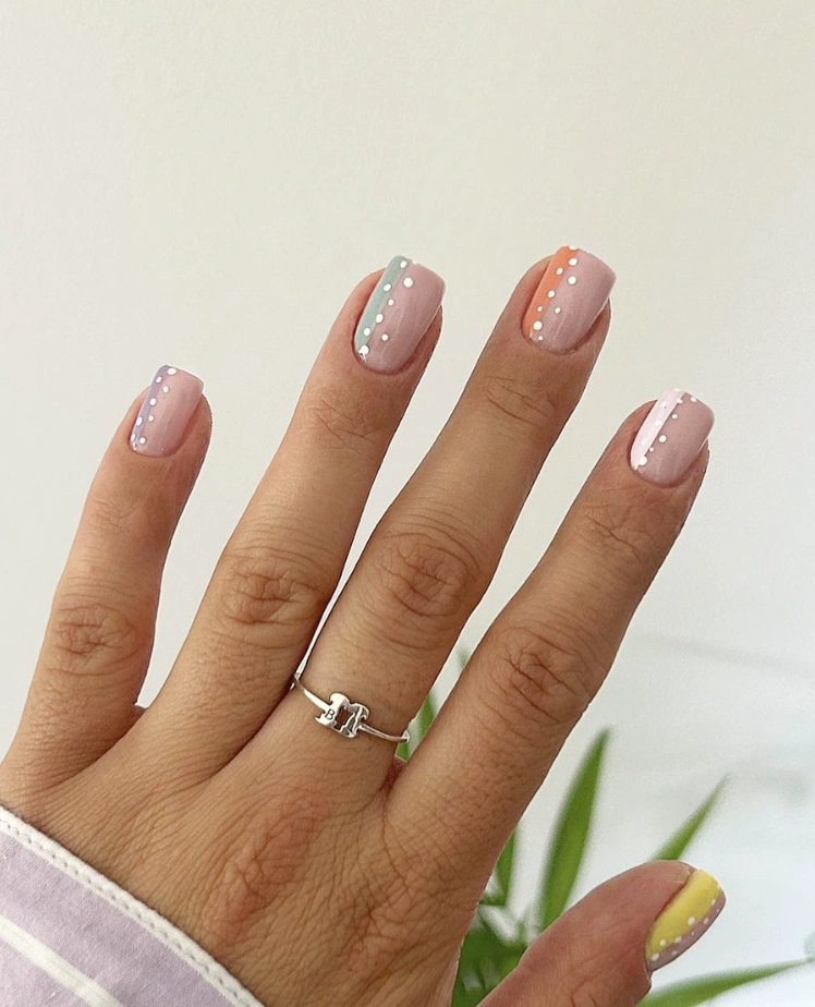 Square Nude Nails with Pastel Accents and White Dots