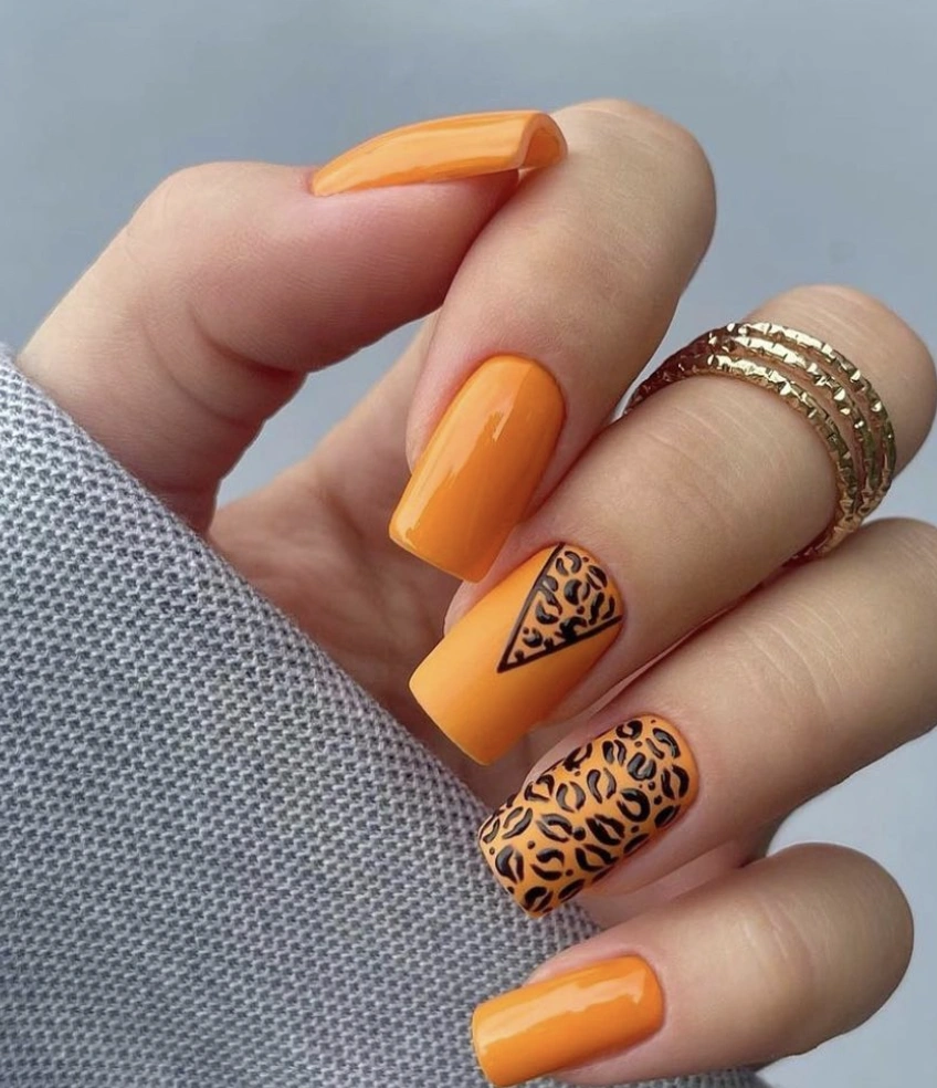 Square Orange Nails with Geometric Leopard Print