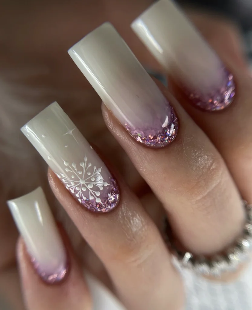 Square White Ombre Nails with Pink Glitter and Snowflake Design