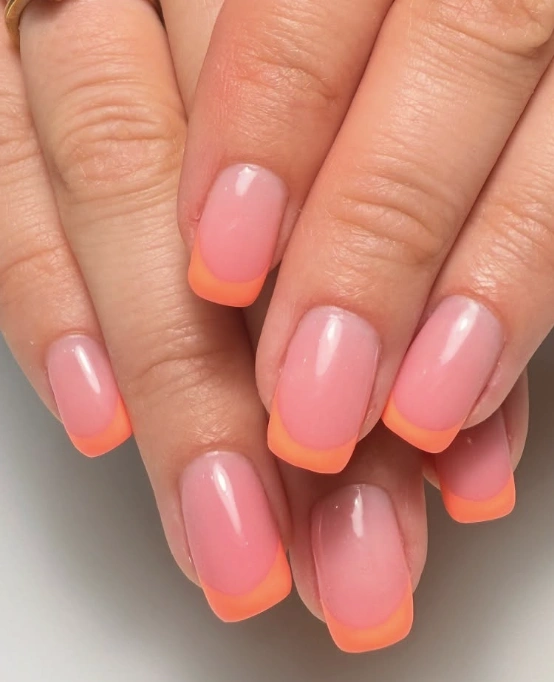 Squared Pink Nails with Neon Orange French Tips