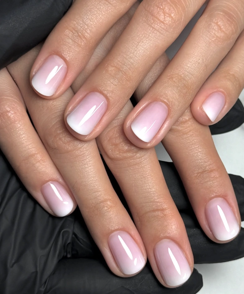Squoval Milky White Nails with Design Featuring Soft Ombre Effect
