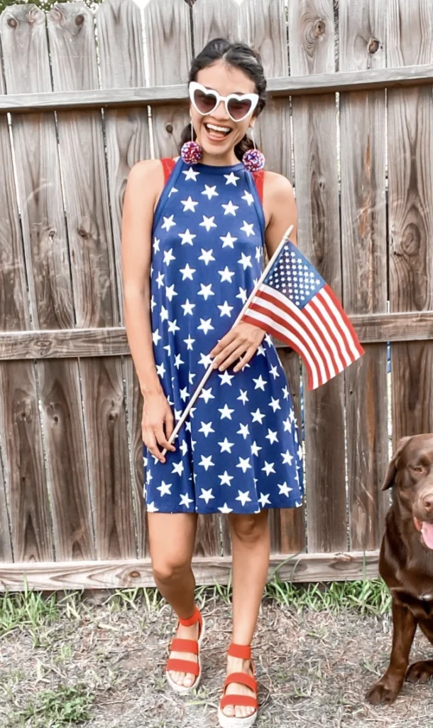 Star-Printed Halter Dress + Red Strappy Sandals