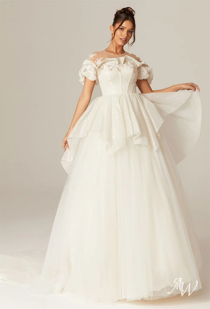 Statement Peplum Dress with Puff Sleeves and Embellished Bodice