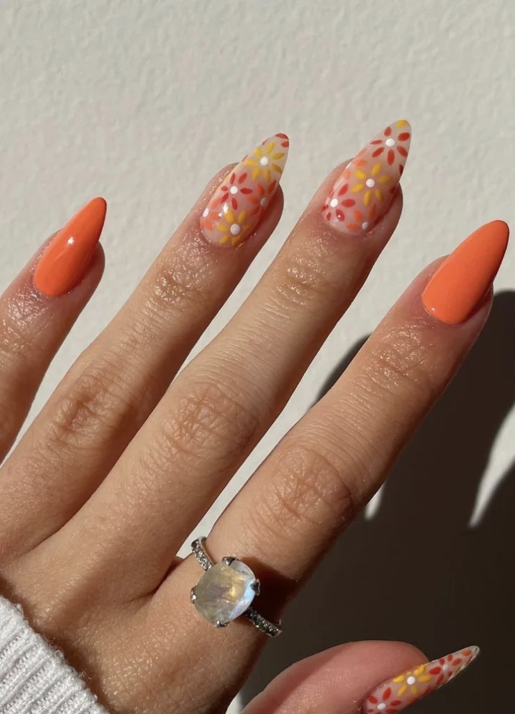 Stiletto and Almond Mix: Floral Accent Nails in Warm Tones