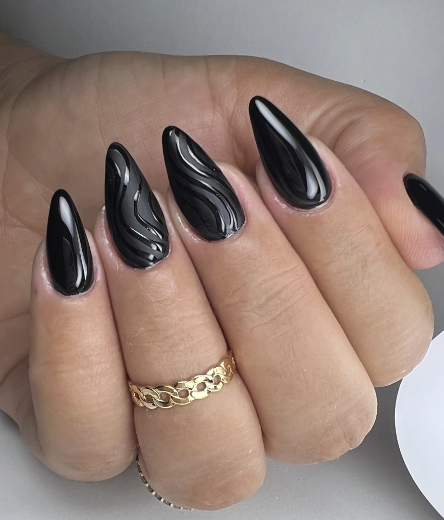 Stiletto Black Nails with Subtle Glossy Wave Design