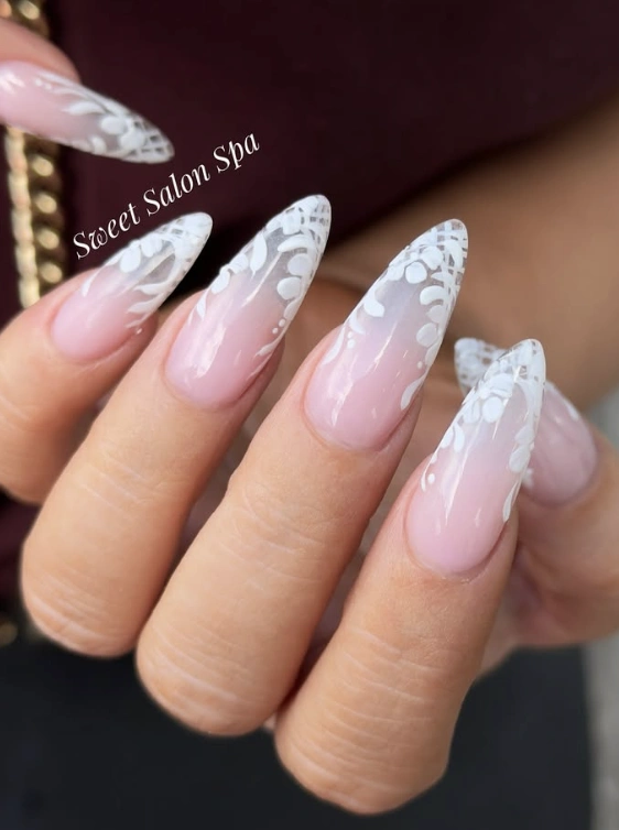Stiletto Lace French Tip Nails with Ombre Base
