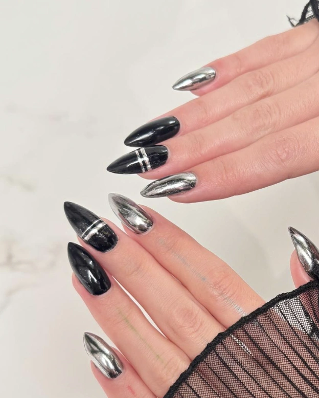 Stiletto Nails in Chrome Silver and Glossy Black with Dual Stripe Accent