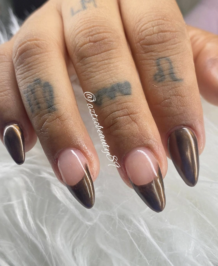 Stiletto Nails in Rich Dark Brown with Glossy Fall Chrome Nail Color