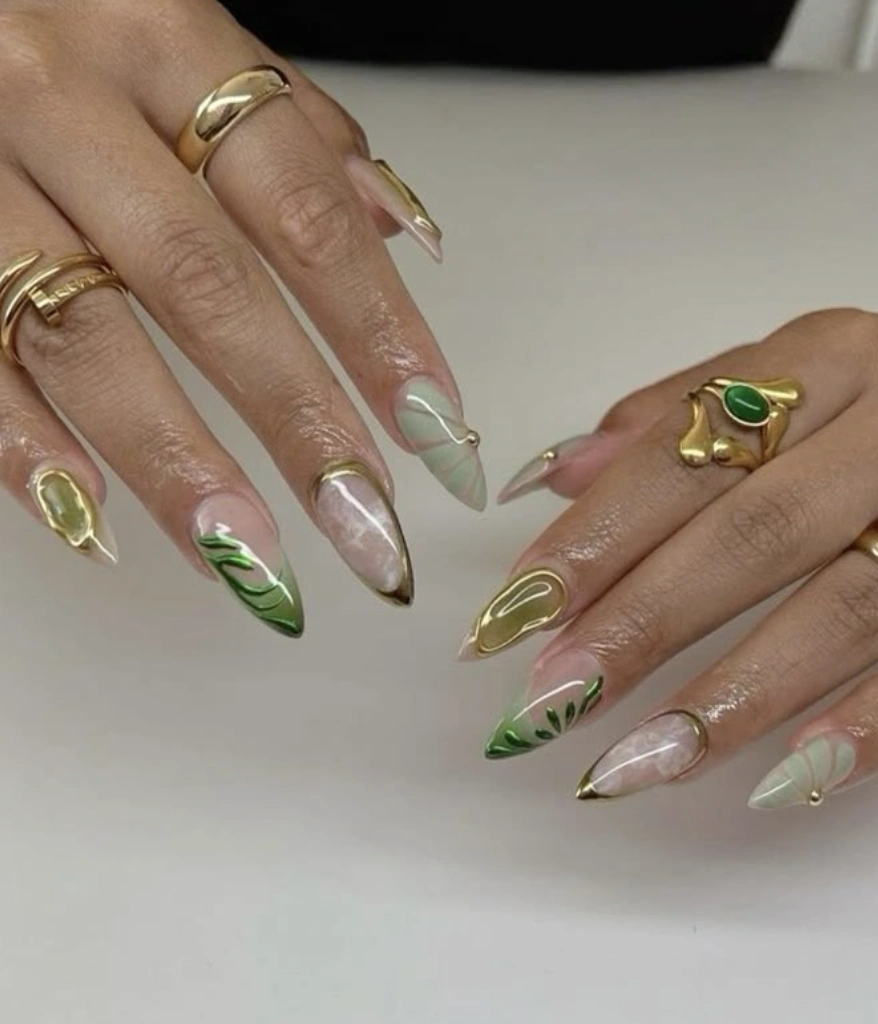 Stiletto Nails with Olive Green Accents and Abstract Gold Outlines